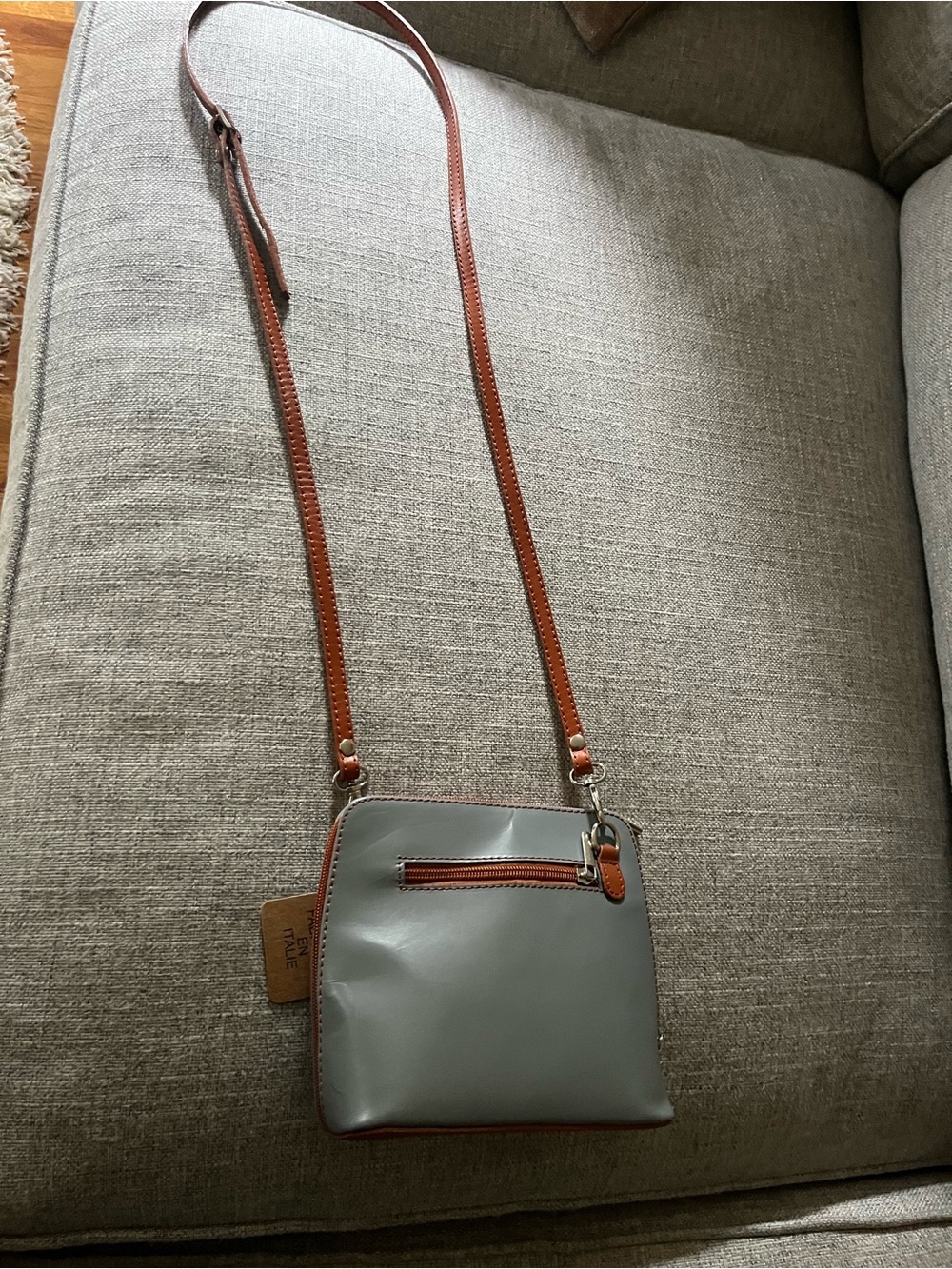 Vera Pelle  Italian Leather Grey Crossbody Pocketbook with Brown Trim -